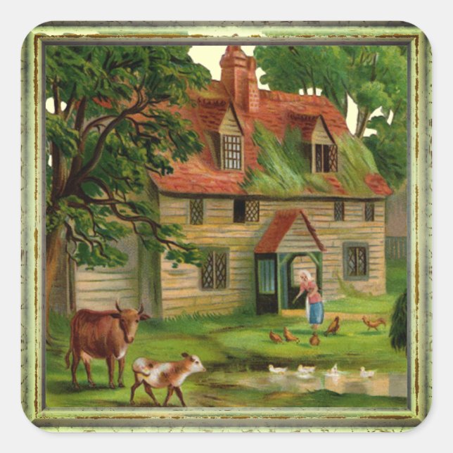 Pegatina Cuadrada Casa de granja de época (Anverso)
