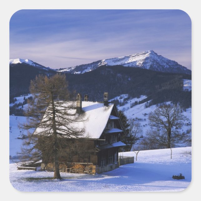 Pegatina Cuadrada Casa de granja y Monte Rigi y Pilatus, (Anverso)