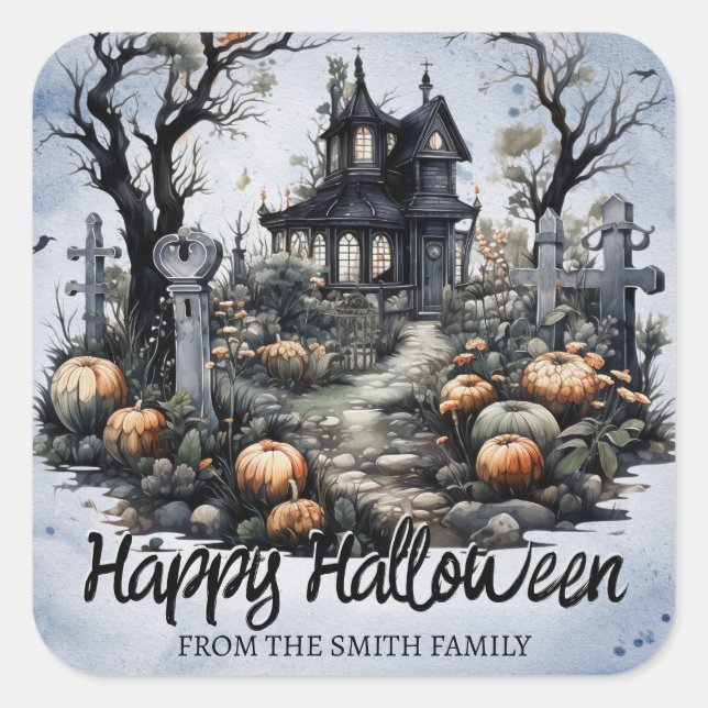 Pegatina Cuadrada Casa de Halloween personalizada (Anverso)