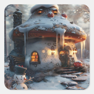 Pegatina Cuadrada Casa de hongos en la nieve