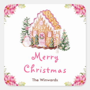 Pegatina Cuadrada Casa de Jengibre Rosa Feliz Navidad