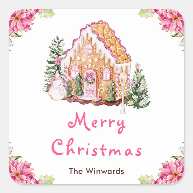 Pegatina Cuadrada Casa de Jengibre Rosa Feliz Navidad (Anverso)