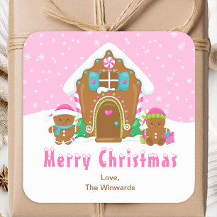 Pegatina Cuadrada Casa de Jengibre Rosa Feliz Navidad