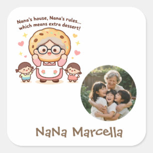 Pegatina Cuadrada Casa de Nana Lindo Reglas de Nana Foto de Abuela