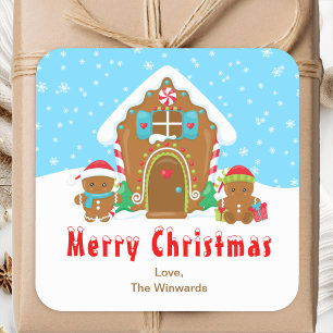 Pegatina Cuadrada Casa de Pan de Jengibre Azul y Rojo Feliz Navidad