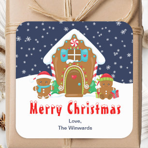 Pegatina Cuadrada Casa de Pan de Jengibre Naval y Rojo Feliz Navidad