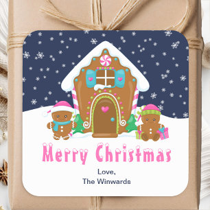 Pegatina Cuadrada Casa de Pan de Jengibre Naval y Rosa Feliz Navidad