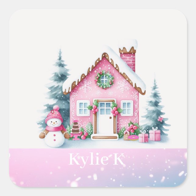 Pegatina Cuadrada Casa de pan de jengibre personalizada de Navidad r (Anverso)