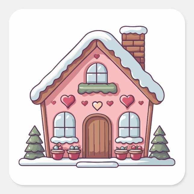 Pegatina Cuadrada Casa de pan de jengibre rosa con corazones (Anverso)