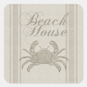 Pegatina Cuadrada Casa de playa cangrejo costa marino vintage