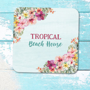 Pegatina Cuadrada Casa de Playa Tropical Flores Rosadas Floral Botán