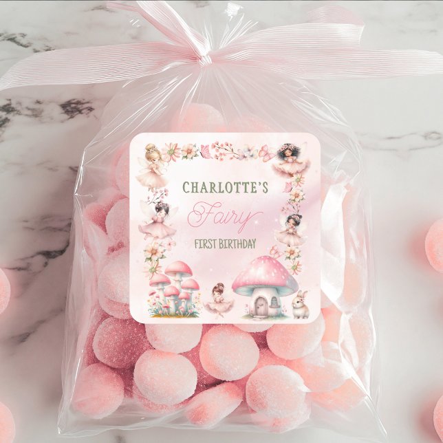 Pegatina Cuadrada Casa del Primer Hongo Hada Cumpleaños Rosa (Subido por el creador)