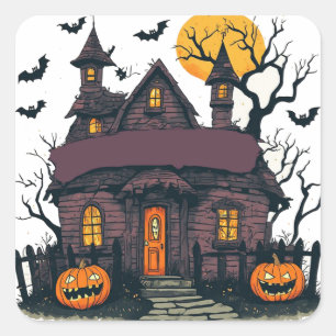 Pegatina Cuadrada Casa Embrujada Con Calabazas Y Luna Llena 🎃