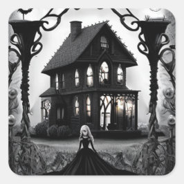 Pegatina Cuadrada Casa embrujada con la espeluznante dama fantasma