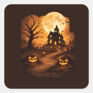 Pegatina Cuadrada Casa Embrujada de Halloween Espeluznante
