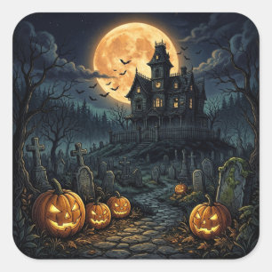 Pegatina Cuadrada Casa embrujada de Halloween espeluznante y vintage