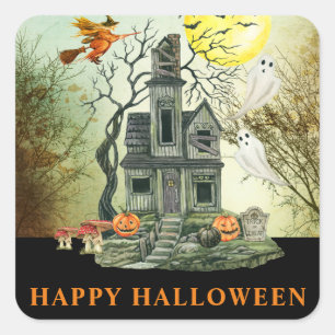 Pegatina Cuadrada Casa Embrujada Feliz Halloween