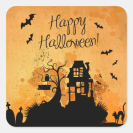 Pegatina Cuadrada Casa Embrujada Rústica Feliz Halloween