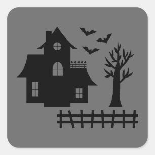Pegatina Cuadrada Casa Embrujada Silueta Con Murciélagos Gris Hallow