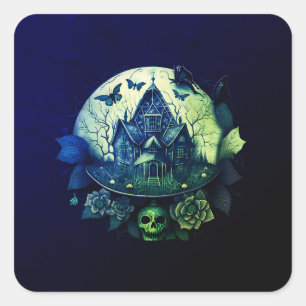 Pegatina Cuadrada Casa gótica verde y morada embrujada