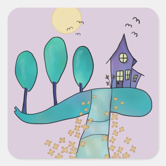 Pegatina Cuadrada casa lila (Anverso)