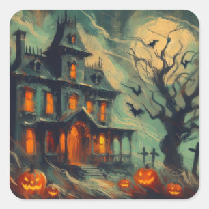 Pegatina Cuadrada Casa retro obsesionada con Jack-o'-lantern Spooki