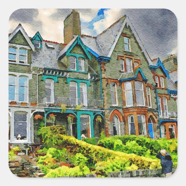 Pegatina Cuadrada Casa victoriana en Keswick pintada con acuarela (Anverso)