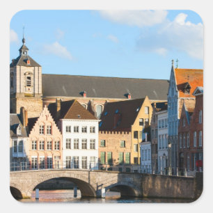 Pegatina Cuadrada Casas antiguas de Brujas, Bélgica