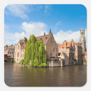 Pegatina Cuadrada Casas antiguas de Brujas, Bélgica