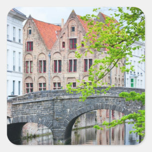 Pegatina Cuadrada Casas antiguas de Brujas, Bélgica