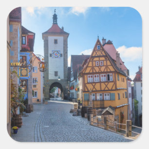 Pegatina Cuadrada Casas coloridas en Rothenburg, Alemania
