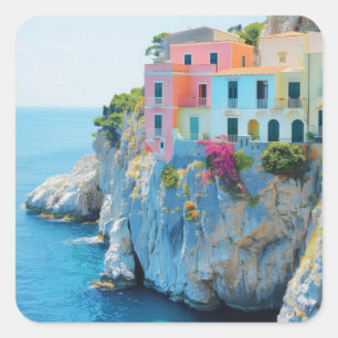 Pegatina Cuadrada Casas coloridas sobre un acantilado cerca del mar
