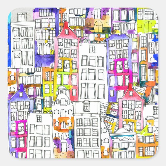Pegatina Cuadrada Casas de Amsterdam: Patrón Seamless de acuarela (Anverso)