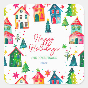 Pegatina Cuadrada Casas de Navidad Felices Fiestas