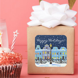 Pegatina Cuadrada Casas De Pueblo Vintage En Paisaje Nevado