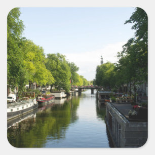 Pegatina Cuadrada Casas flotantes en el canal de Amsterdam