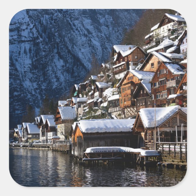 Pegatina Cuadrada Casas junto al lago de madera en Hallstatt, Austri (Anverso)