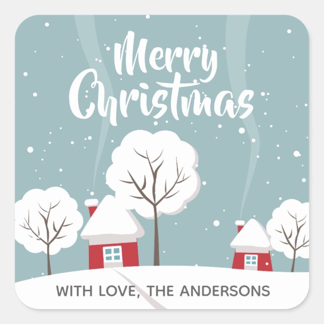 Pegatina Cuadrada Casas nevadas y Navidades de árboles (Anverso)