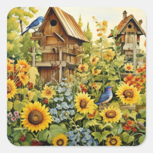 Pegatina Cuadrada Casas para Pájaros Jardín de Girasoles Azulejos