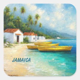 Pegatina Cuadrada Casas pequeñas y barcos pesqueros en Jamaica