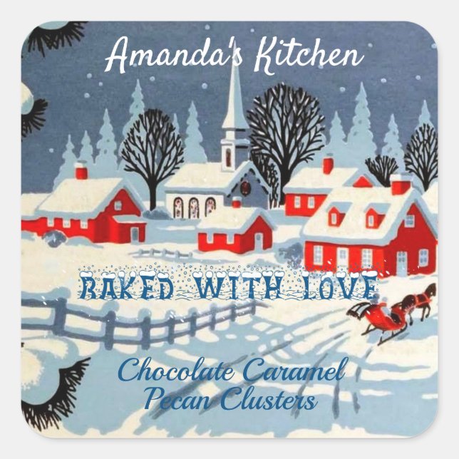 Pegatina Cuadrada Casas rojas de Navidades de nieve, iglesia (Anverso)
