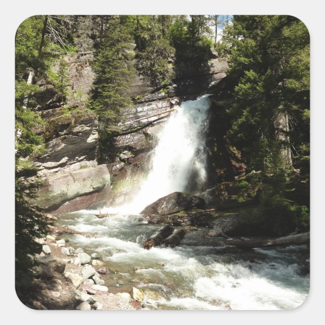 Pegatina Cuadrada Cascada Baring en el Parque Nacional Glacier (Anverso)