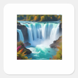 Pegatina Cuadrada Cascada de agua turquesa majestuosa | Pared de nat