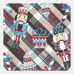 Pegatina Cuadrada Cascanueces de Navidad a Cuadros Azul Burgundy