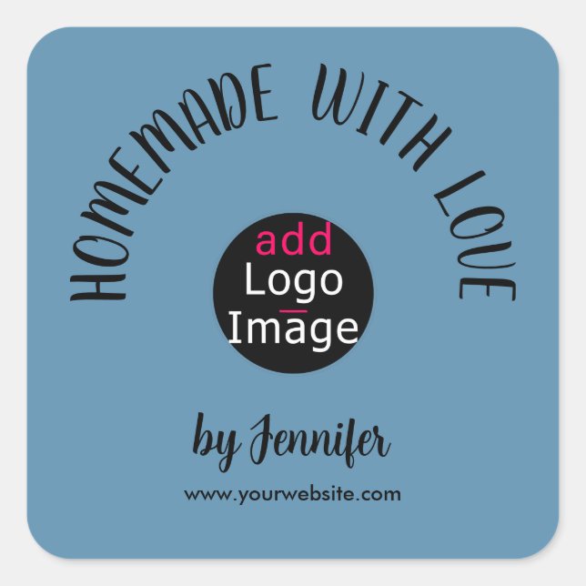 Pegatina Cuadrada Casero Con Amor Elegante Personalizado Azul Dusto (Anverso)
