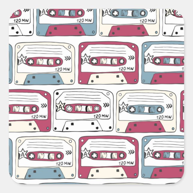 Pegatina Cuadrada Casetes de música retro: Patrón de fondo de rock (Anverso)