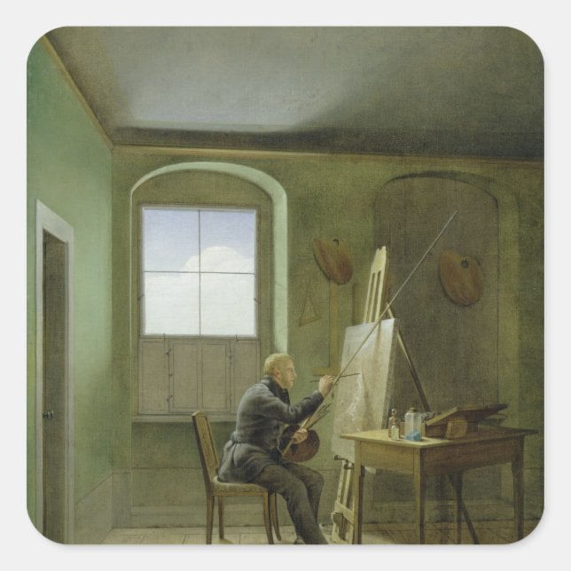 Pegatina Cuadrada Caspar David Friedrich en su estudio, 1811 (Anverso)