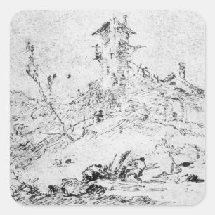 Pegatina Cuadrada Castel Cogolo Per Andar a Trento (pluma y tinta en