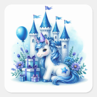 Pegatina Cuadrada Castillo Cute Blue Unicorn y Fairytale