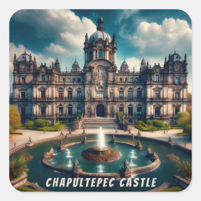 Pegatina Cuadrada Castillo de Chapultepec México Viajes Antiguos (Anverso)